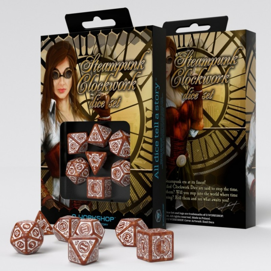 Q Workshop Dobbelstenen | Steampunk Clockwork Caramel & White Dice Set (7)