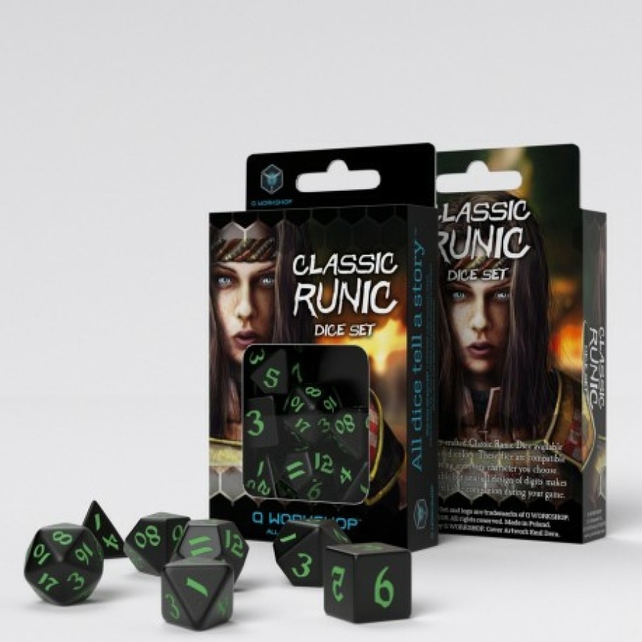 Q Workshop Dobbelstenen | Classic Runic Black & Green Dice Set (7)