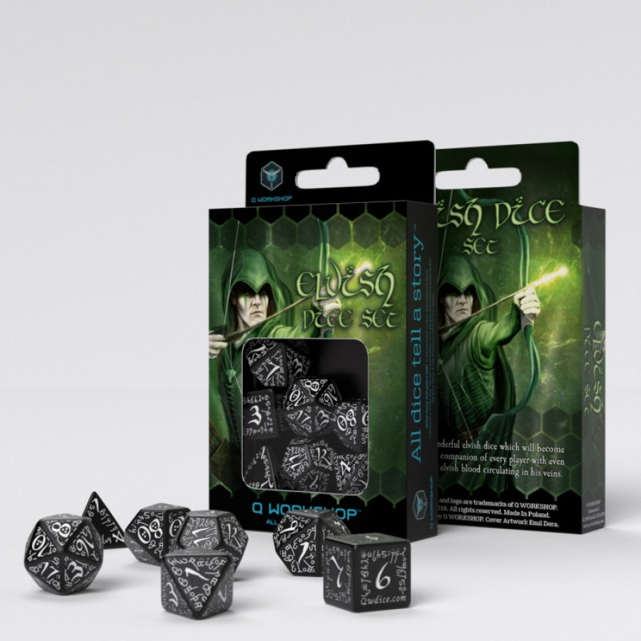 Q Workshop Dobbelstenen | Elvish Black & White Dice Set (7)