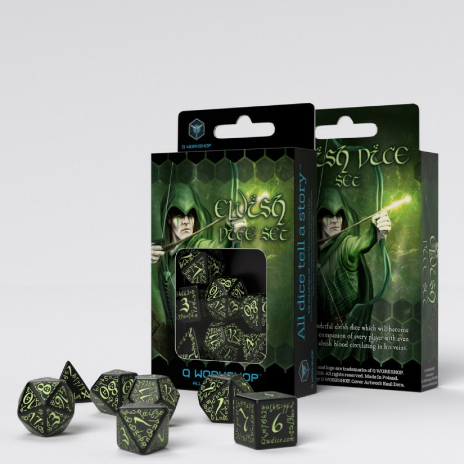 Q Workshop Dobbelstenen | Elvish Black & Glow-In-The-Dark Dice Set (7)