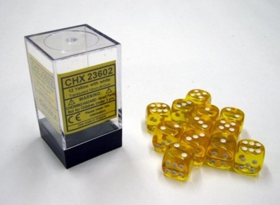 Ches Dobbelstenen | Translucent Yellow/White D6 16Mm Dobbelsteen Set (12 Stuks)