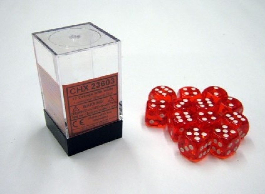 Ches Dobbelstenen | Translucent Orange/White D6 16Mm Dobbelsteen Set (12 Stuks)