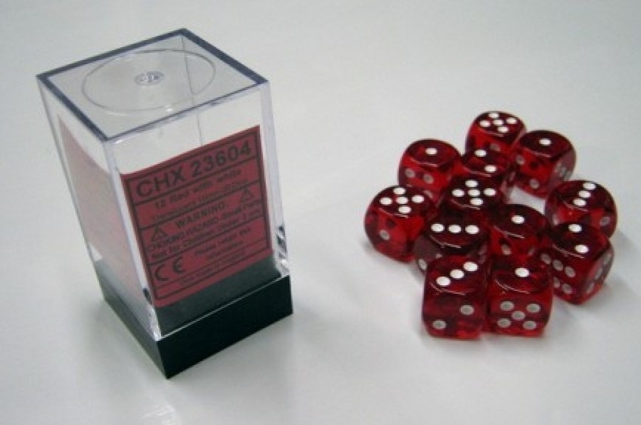 Ches Dobbelstenen | Translucent Red/White D6 16Mm Dobbelsteen Set (12 Stuks)