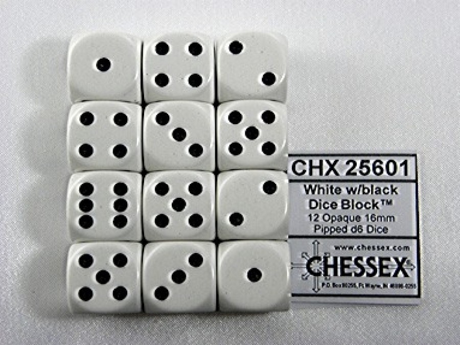 Ches Dobbelstenen | Opaque White/Black D6 16Mm Dobbelsteen Set (12 Stuks)