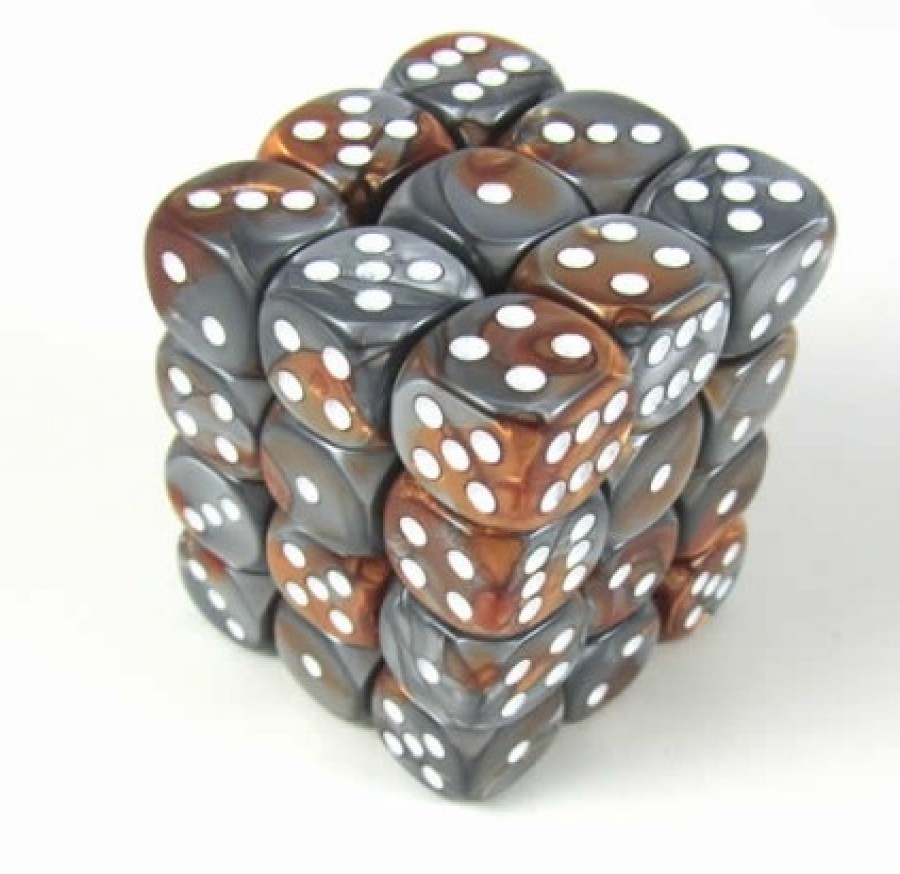 Ches Gaming Counters | Gemini Copper - Steel/White D6 12Mm Dobbelsteen Set (36 Stuks)