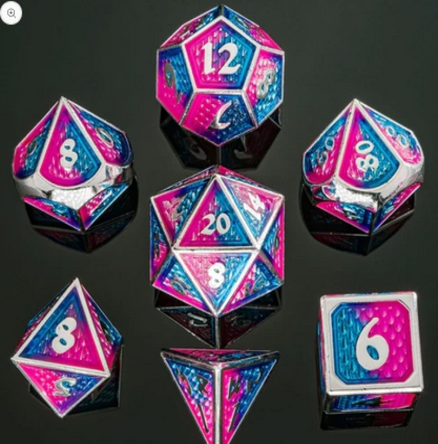 Hymgho Dobbelstenen | Behemoth Silver W/Pink & Blue Solid Metal Dice Set (7)