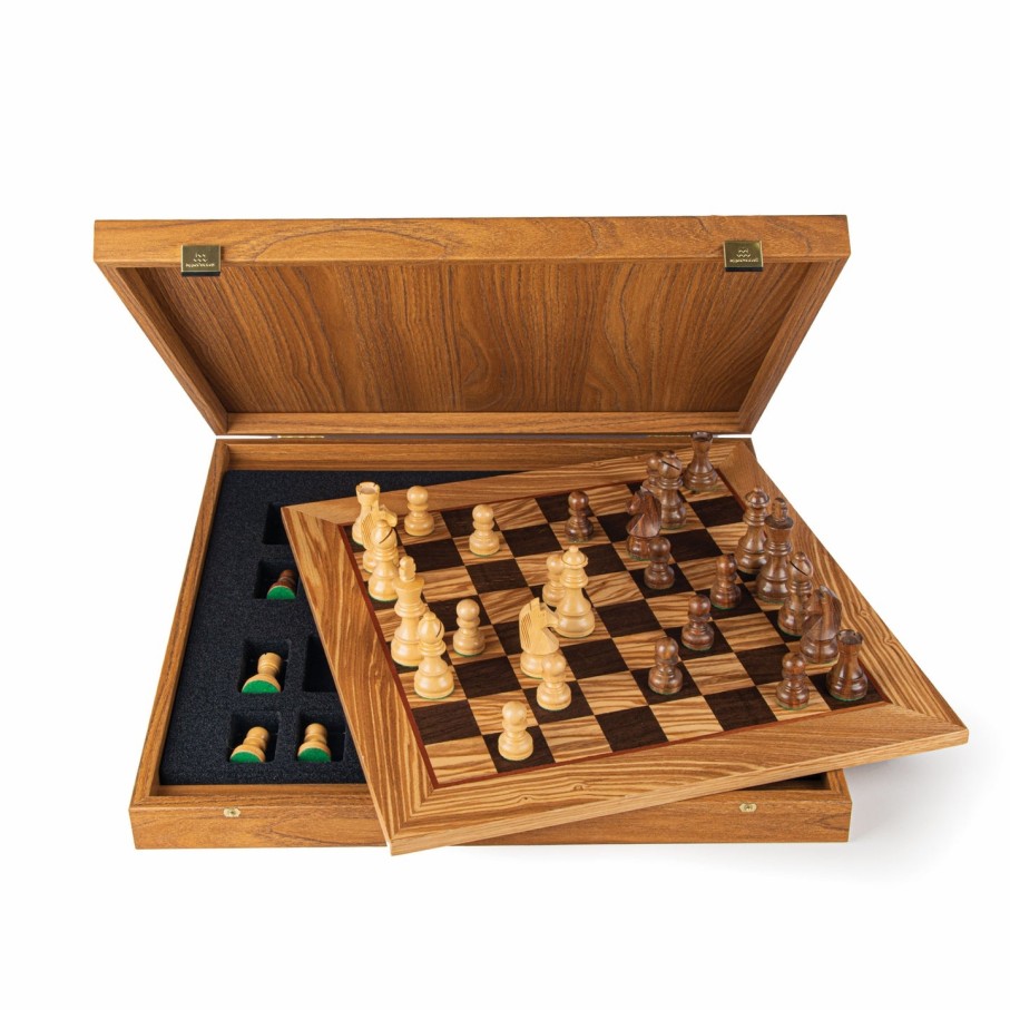 Manopoulou Schaaksets | Olive Burl Chess Set 40X40Cm (Medium) With Staunton Chessmen 7,7Cm Koning