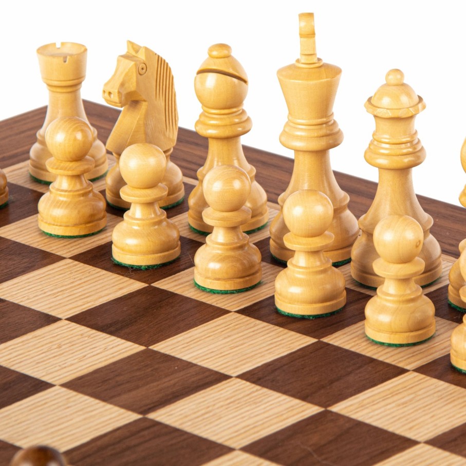 Manopoulou Schaaksets | Walnut Chess Set 40X40Cm (Medium) With Staunton Chessmen 7,7Cm Koning